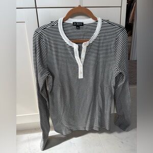 J.Crew Black & White Ribbed Stripe Henley Top | Size L | Long Sleeve